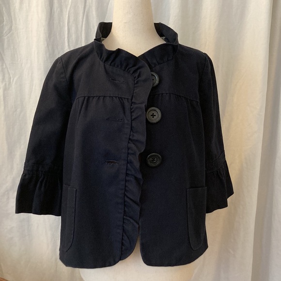 Y2K J Crew Navy collarless cropped blazer, ruffle detail, 3/4 sleeve, size 2 - Picture 2 of 14